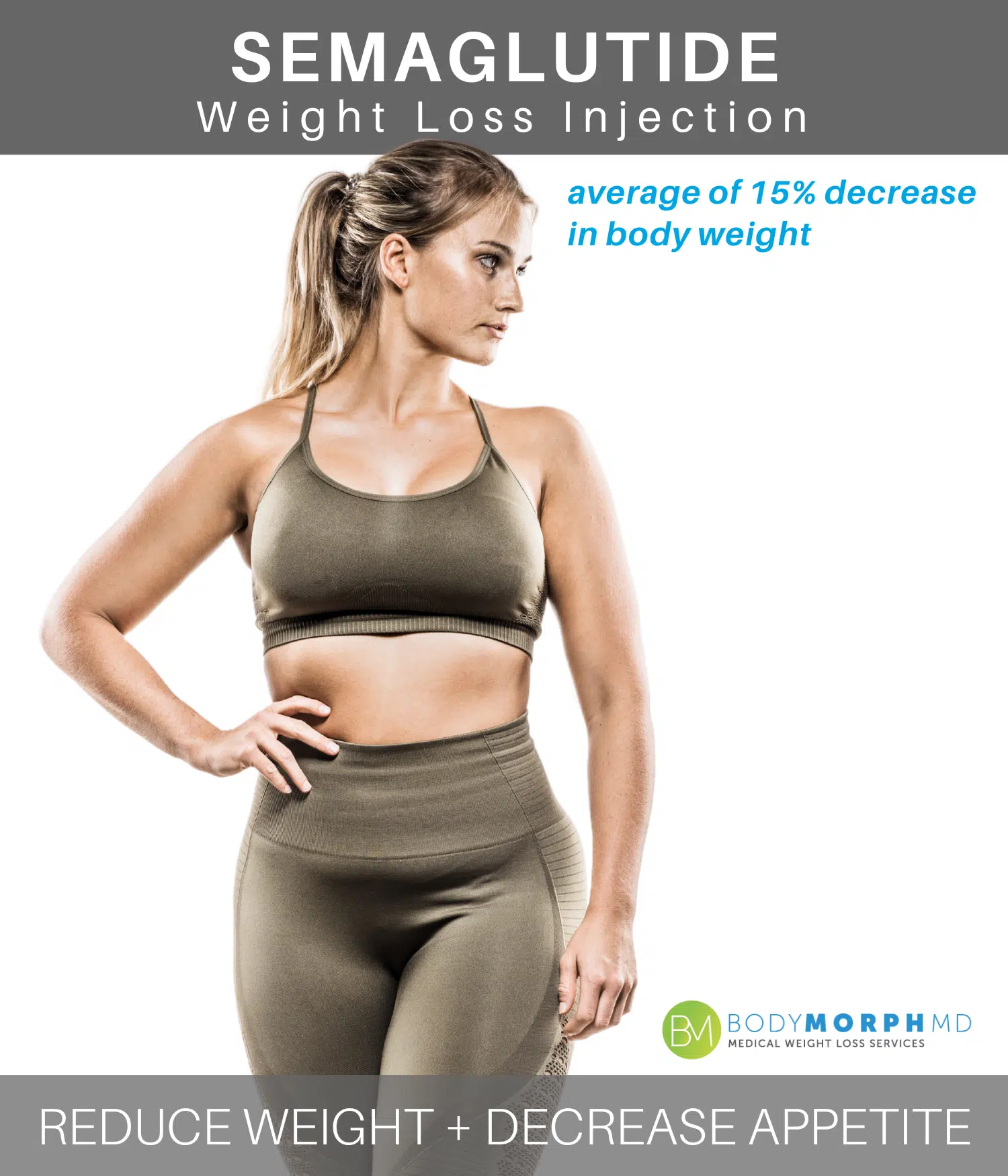 Gorgeous blonde woman with curves in sportswear promoting Semaglutide weight loss injection-a service treatment offered at BodyMorph MD.