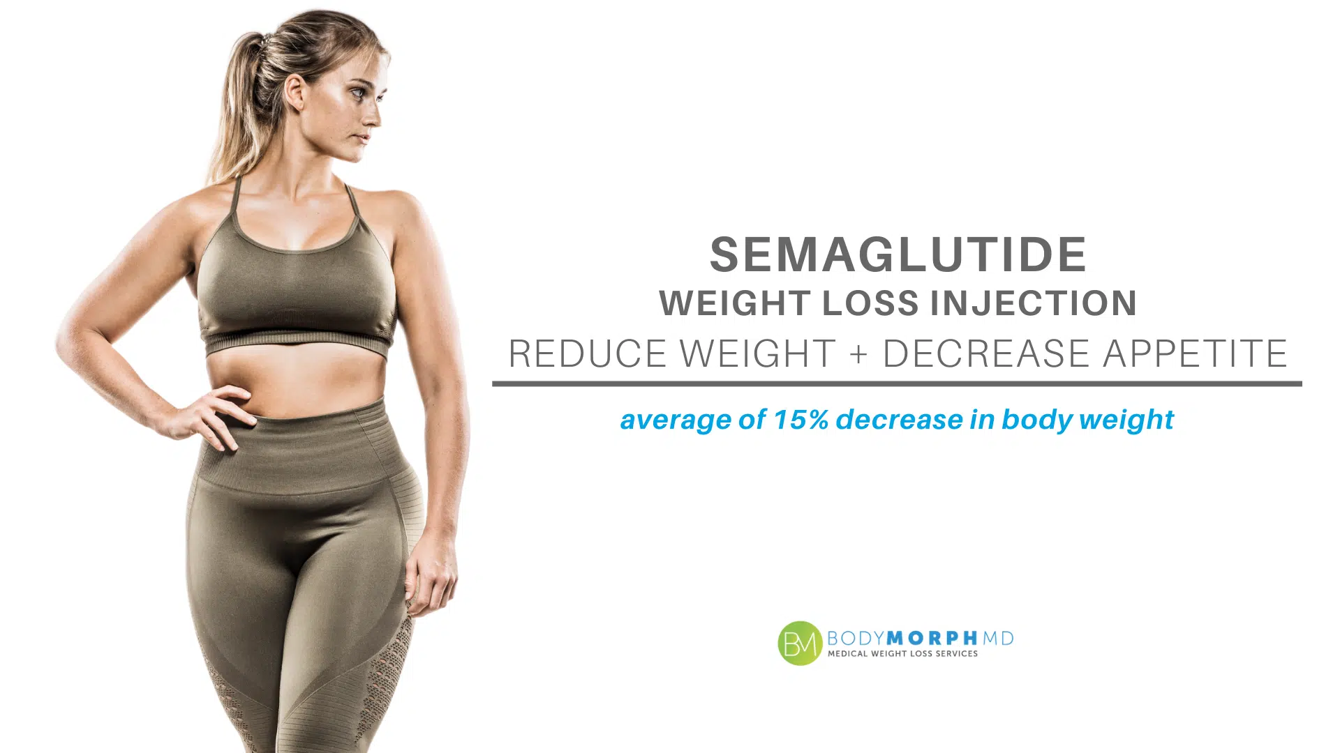 Attractive blonde woman with curves in sportswear promoting Semaglutide injections-a service treatment offered at BodyMorph MD.