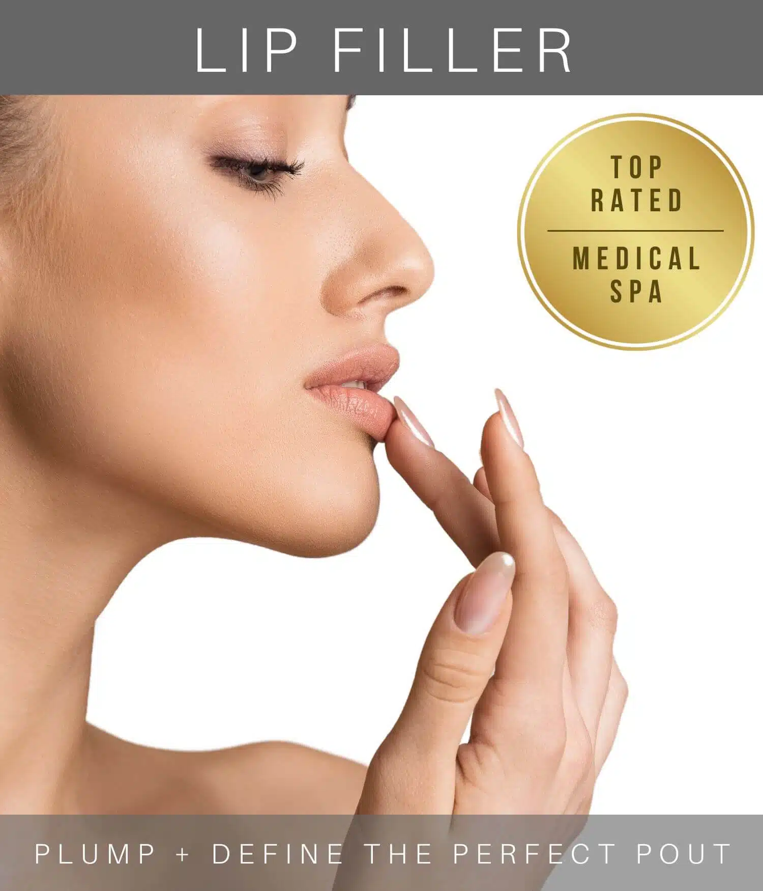 A woman touching her lips promoting Lip filler injections in Harrison and Yonkers, New York