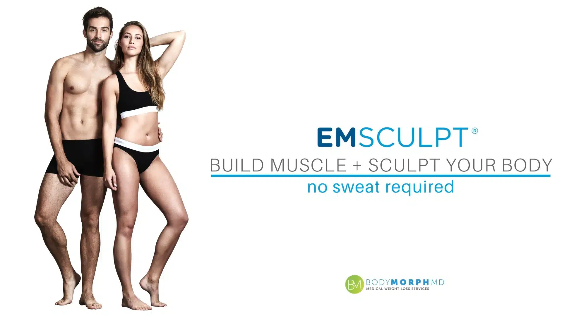 Muscular couple standing together and showing their results from EMSCUPT at Body Morph MD, in Westchester New York.