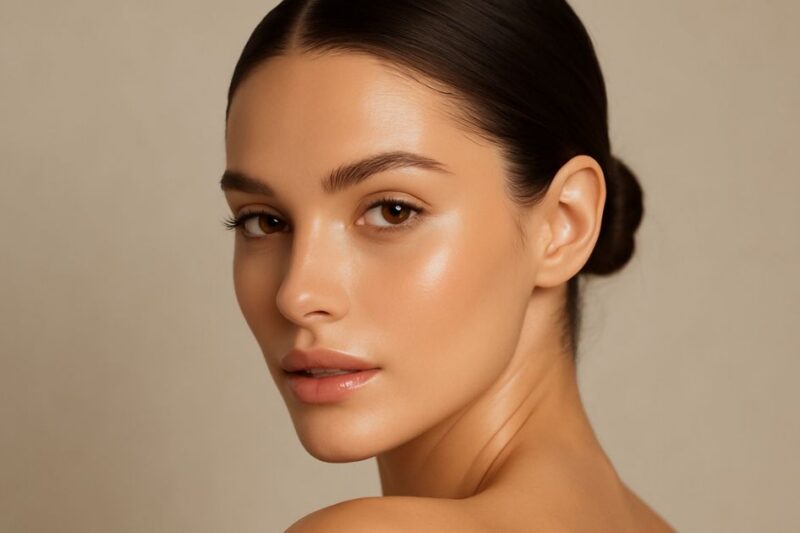 Close-up portrait of a woman with glowing skin.